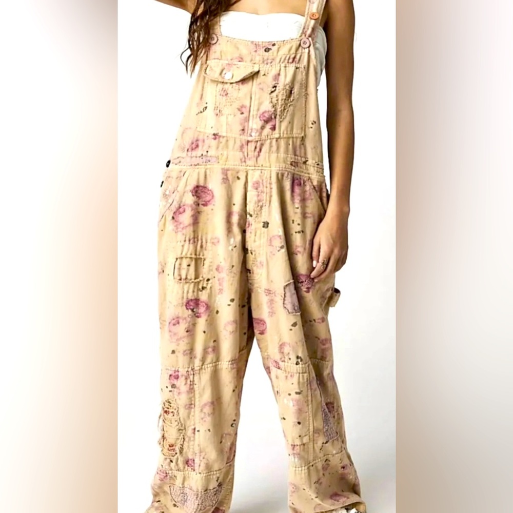 Magnolia Pearl Lavender and beige floral overalls in Orchid Bloom.